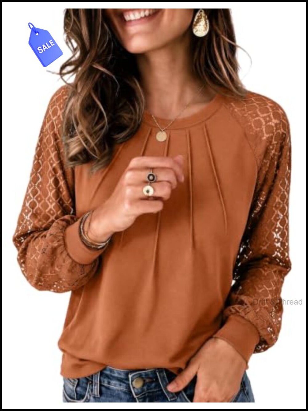 Womens Long Sleeve Lace Blouse Dressy Casual Crewneck Pleated Top